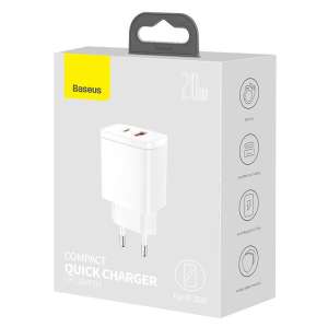 Baseus kompakt gyorstöltő, USB, USB-C, 20 W, Fehér