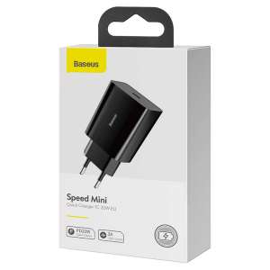 Baseus speed mini gyorstöltő, USB + USB-C, PD, 3A, 20W, Fekete