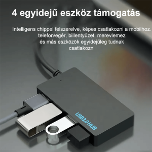 HubPro - 4 portos USB 3.0 USB HUB, 5Gbps nagy sebességű adatátvitel, 15cm rövid kábel, Windows, Mac kompatibilis