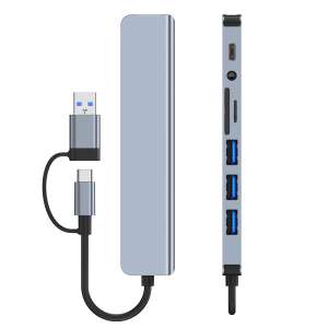 HubPro - 8in1 USB/Type-C HUB, USB, Type-C, Memórikártya, Jack, 5Gbps adatátvitel, Fekete